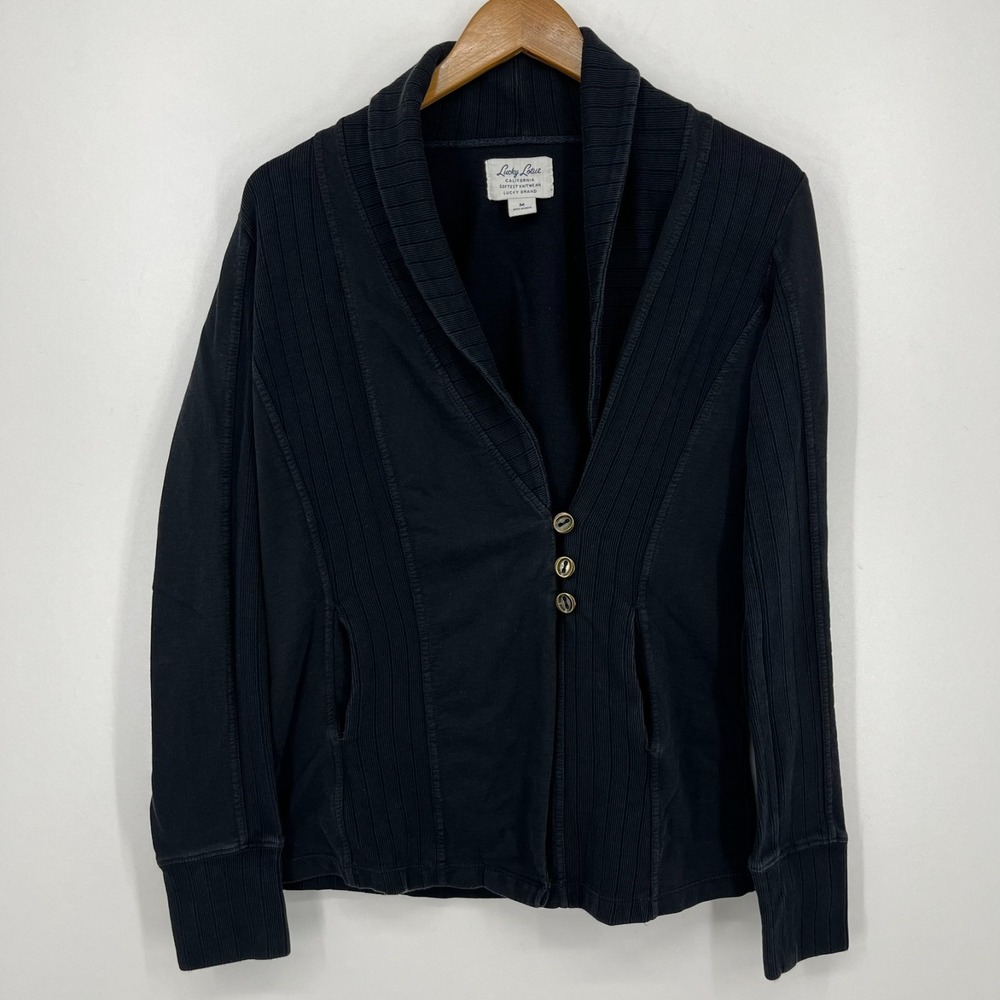 Lucky Brand Cardigan Sweater Women's M‎ Black Long Sleeve Cotton Solid Button